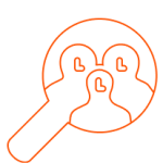Simple orange line drawing of magnifying glass with three outlines of people inside